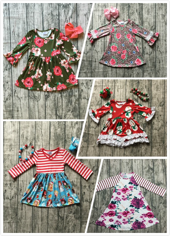 

new spring winter baby girls children clothes cotton long sleeve dress snowman floral stripe boutique milk silk match accessory