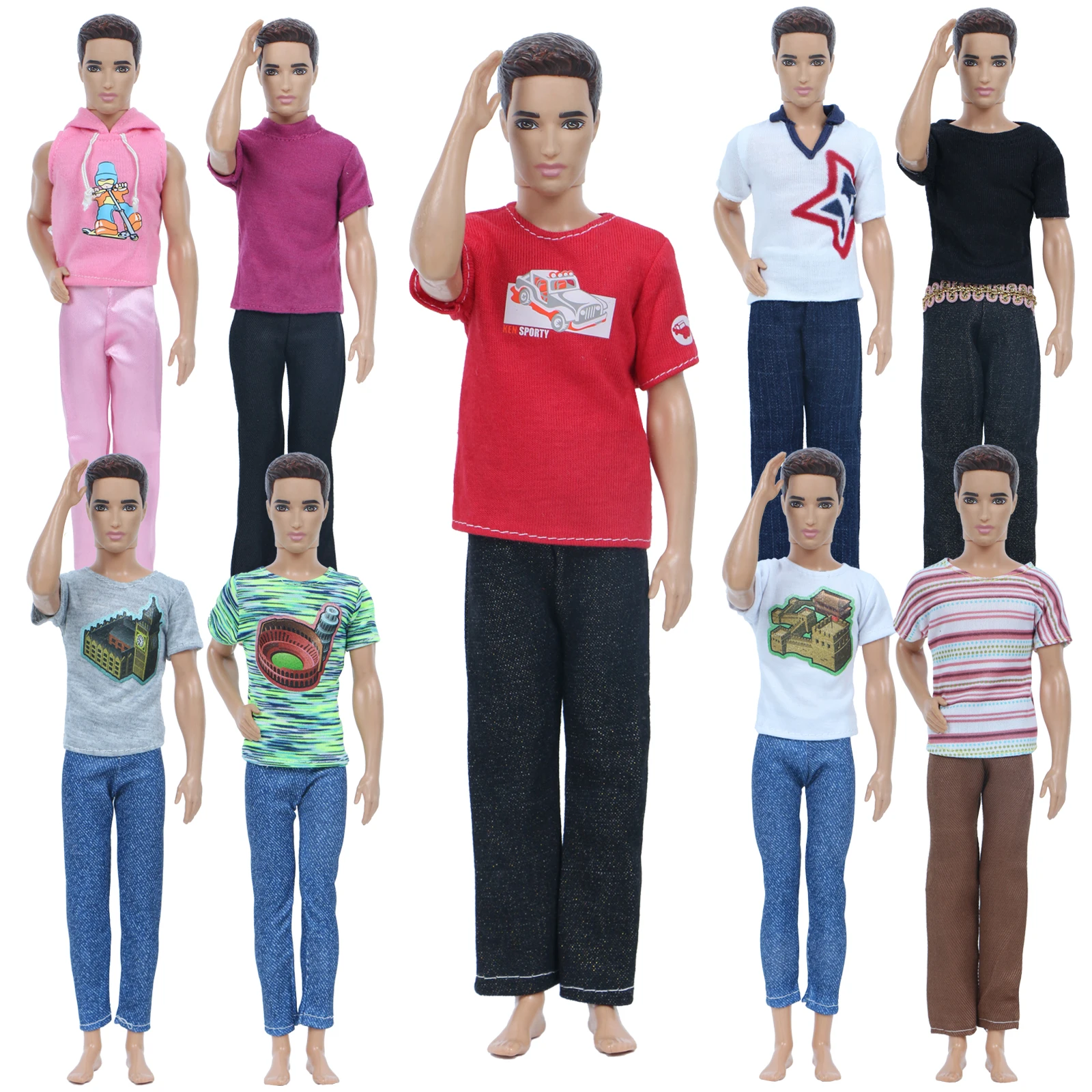 Set of 4 Ken Doll Outfits 2 Pair of Shorts /& 4 Striped Polo Shirts 6 Pcs for Ken