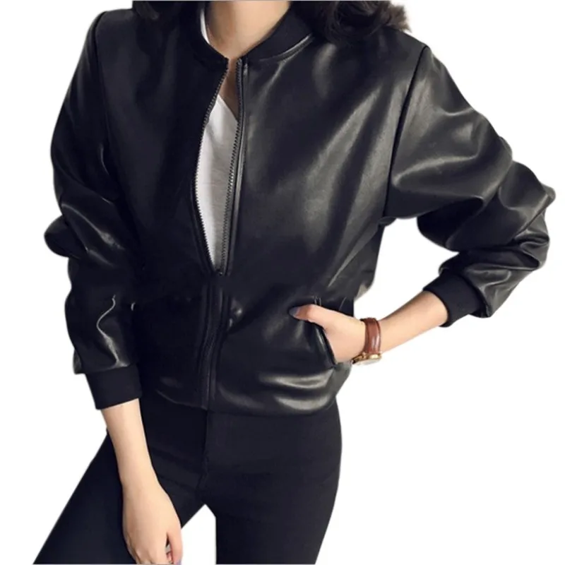 2018 Autumn Black Washed Short Jacket PU Leather Women O-Neck Zippers Slim Coats Ladies Solid Color New Arrival 3164 | Женская одежда