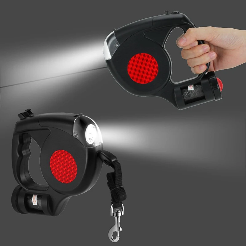 3 in 1 Retractable Dog Leash with LED Flashlight Waste Bags Garbage