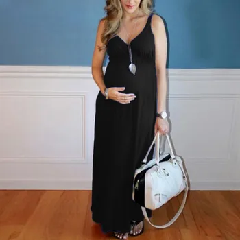 

Women Dress Pregnant Maternity Sleeveless V Neck Solid Soft Comfort Casual Ladies Long Dress ropa embarazada 2019 Maternity Gown