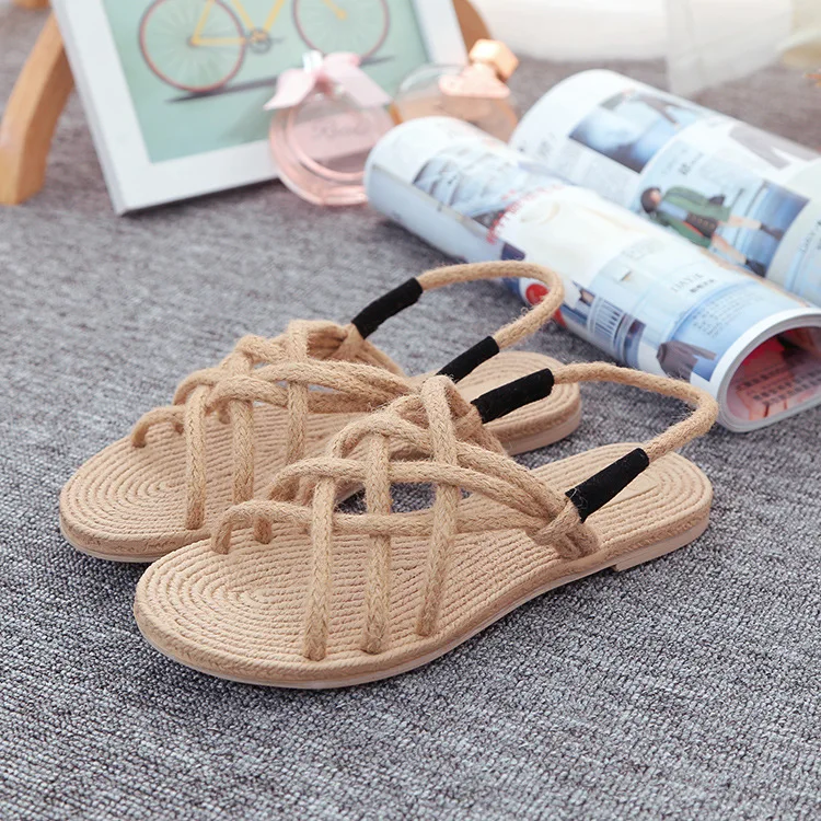 

Summer 2019 New Retro-Roman Flat-soled Sandals Bohemian Ethnic Wind Handmade Hemp Woven Women's Shoes Beach Shoes