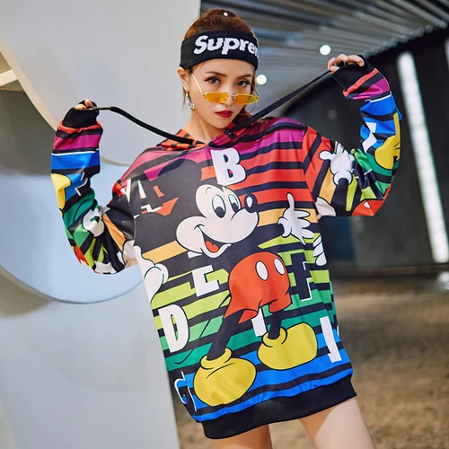 

Autumn European Version Cartoon Mickey Printed Women Dress 2018 New Style Winter Personality Hat Female Fashion Loose Dresses