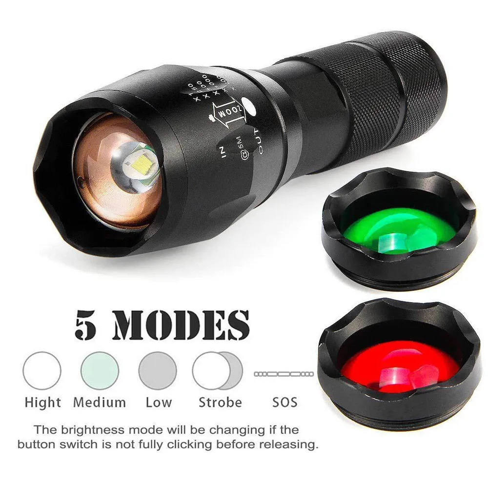 

20000LM T6 LED Zoomable 3 colour Flashlight Torch Hunt Light super bright 5-mode Strobe 18650 AAA Exchange Lens Red Green White