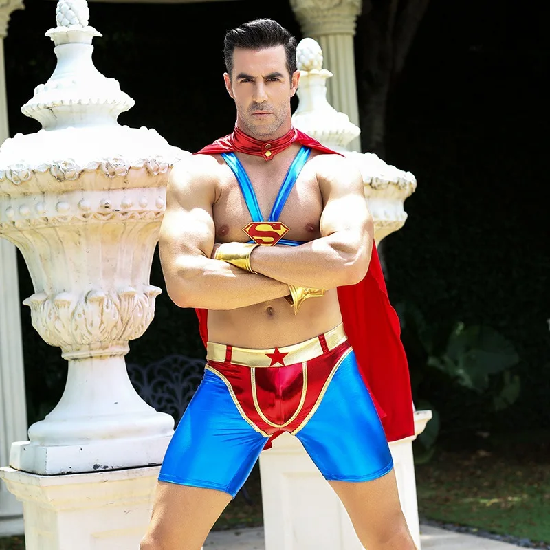 

Superman Lingerie Cosplay Halloween Costume For Male Adult Open Nipple Lingerie Men Superhero Costumes 4PCS Cosplay Uniforms