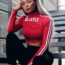 Новые женские повседневные полосатые с буквенным принтом открытый пупок плотно прилегающая с длинными рукавами сексуальные футболки хлопковые топы с круглым вырезом футболки