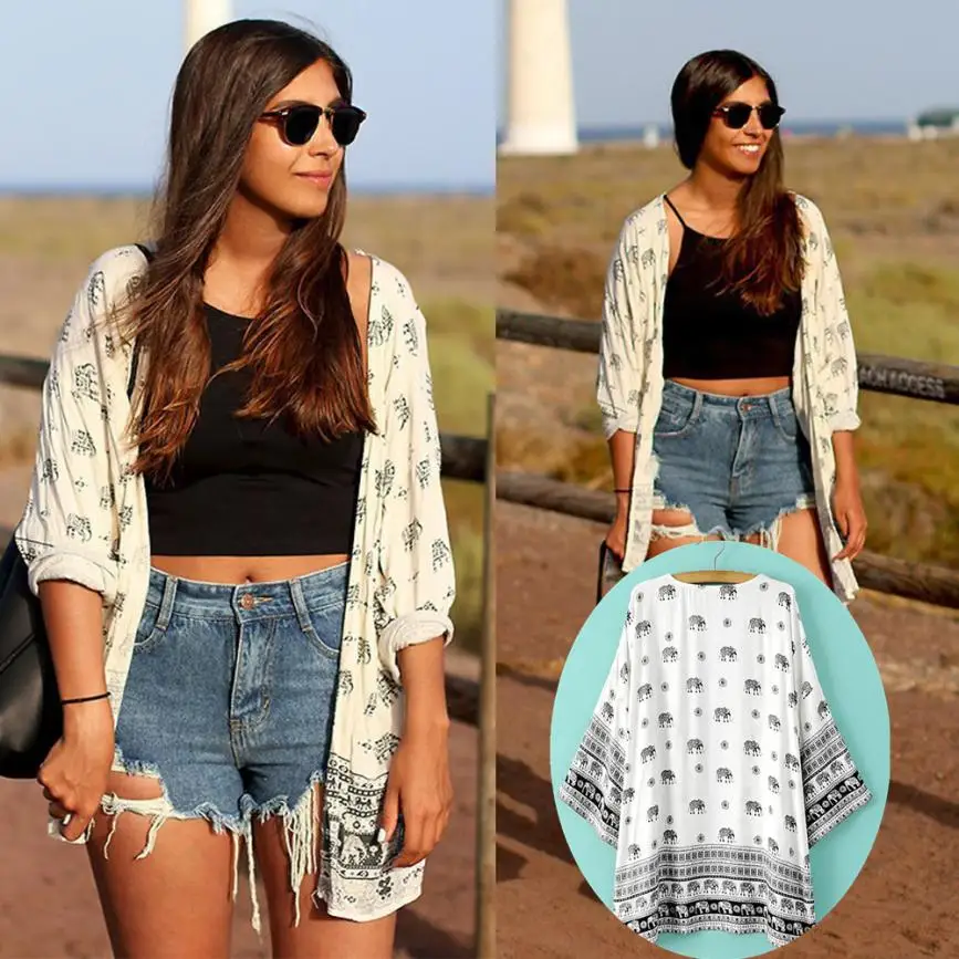 2018 New listing Women Elephant Printed Half Sleeve Kimono Cardigan Coat Tops Blouse Cover up Hundred and up Outerwear 18July2 Coats
