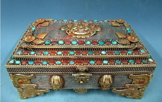 

6 Tibet Silver handwork 24K Gold inlay Ruby turquoise coral jewelry Box decoration bronze factory outlets