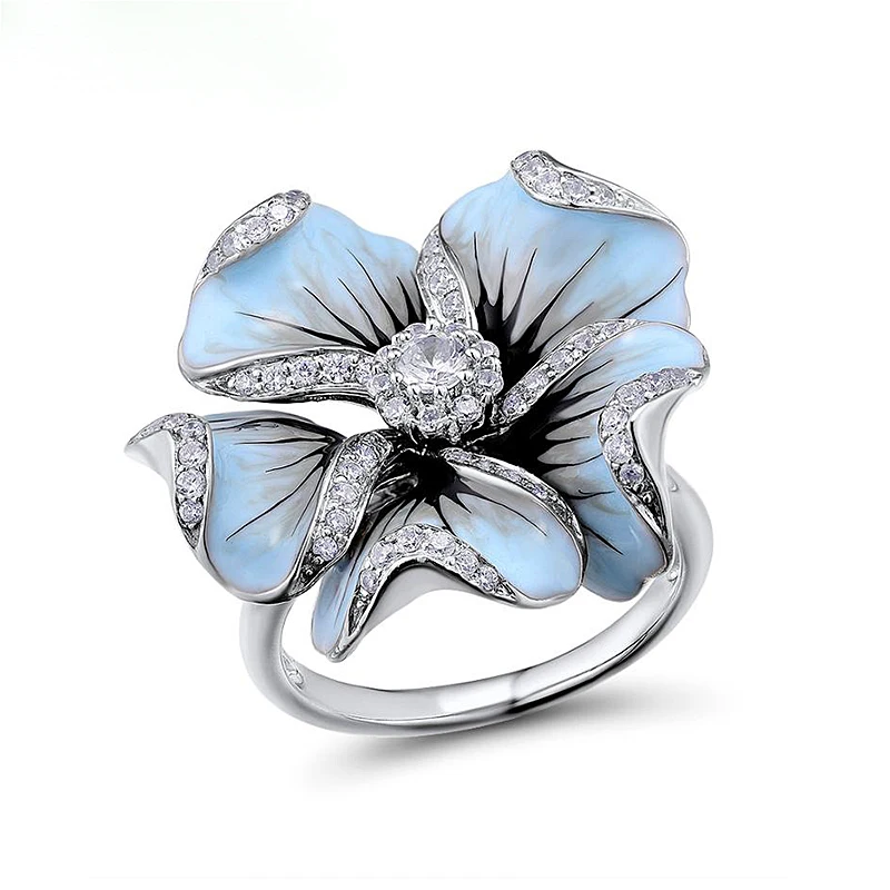 Elegant Blue Crystal Enamel Flower Engagement Rings for Women Unique Silver Color Vintage Brand Ring Jewelry Accessories O4M350