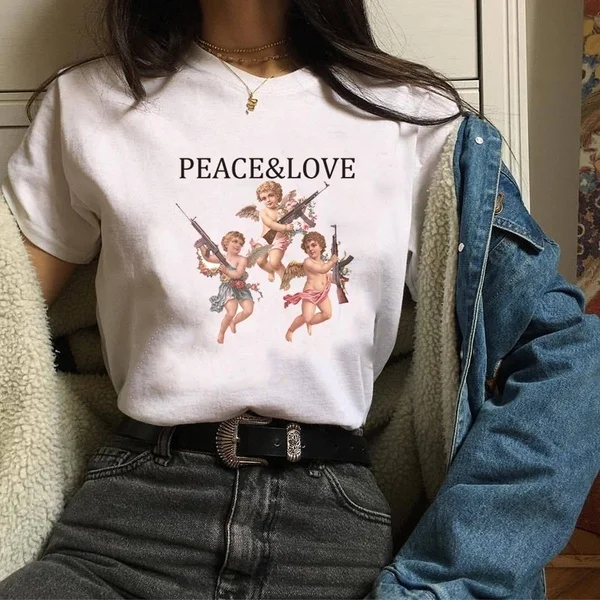 

Peach & Love with Three Angel Gun Cute Truth Faith Hope Love Joy Peace Christian T Shirts Women Funny Graphic Tshirt Tees tops
