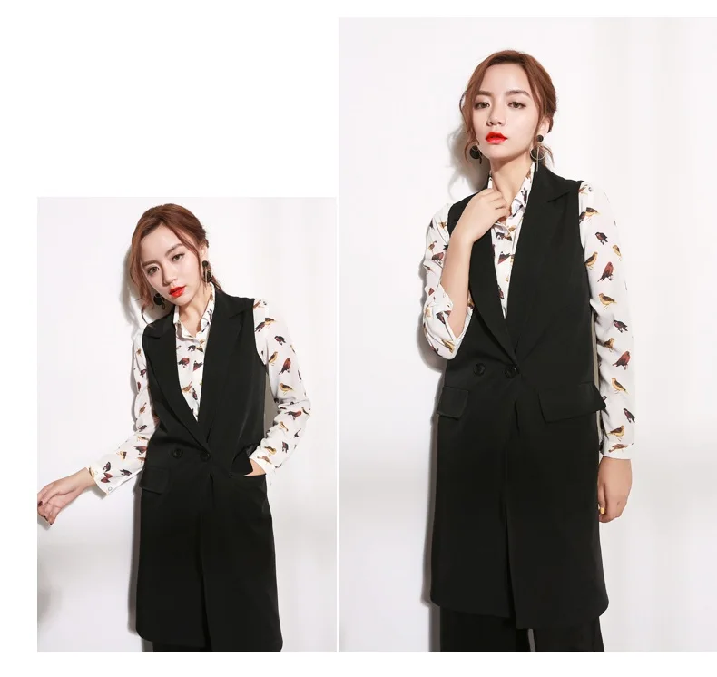 Autumn Winter New Women Black Vest Jacket Coat Korean Sleeveless Suit collar Long Overcoat Female Casual Jacket Clothing