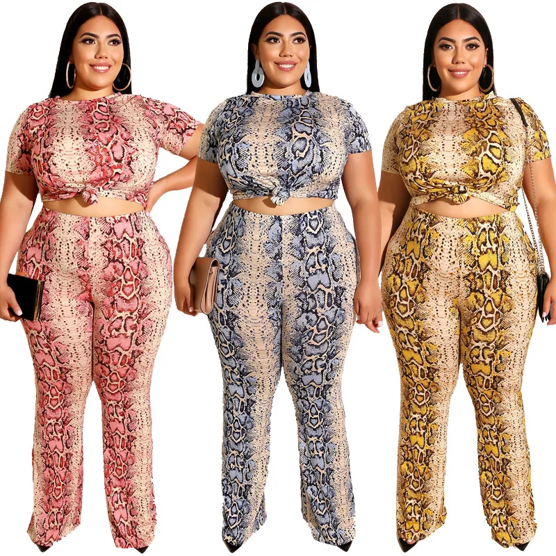 4XL 5XL размера плюс змеиный принт короткий рукав укороченный топ брюки клеш брюки сексуальная женская одежда комплект из 2 предметов