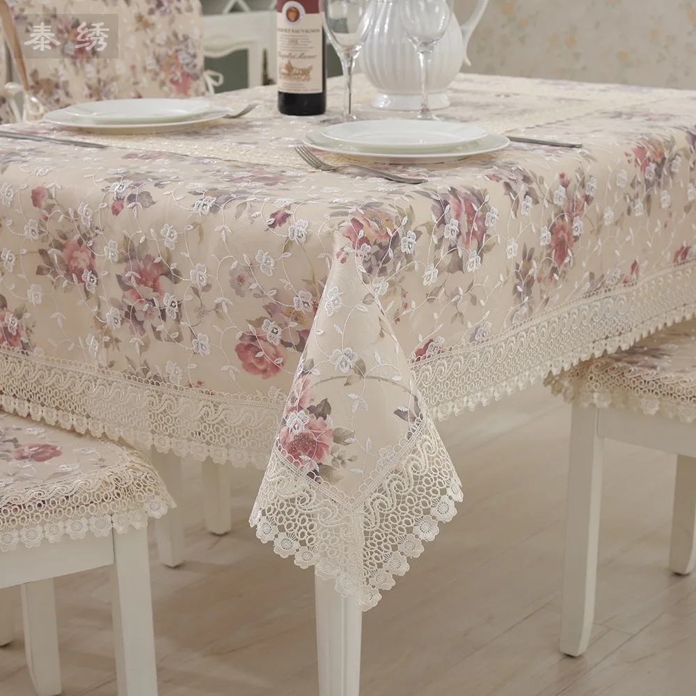 Beige laciness coffee table cloth lace tablecloth dining table cloth fabric table cloth cushion