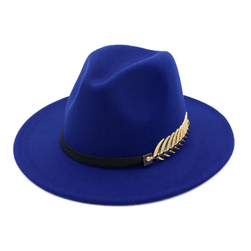 Navy blue FS шерстяные фетровые шляпы черные для женщин с широкими полями пояс церковный для мужчин Джаз Крестный отец фетровая шляпа гангстеры зима Chapeau Femme - Цвет: Navy blue