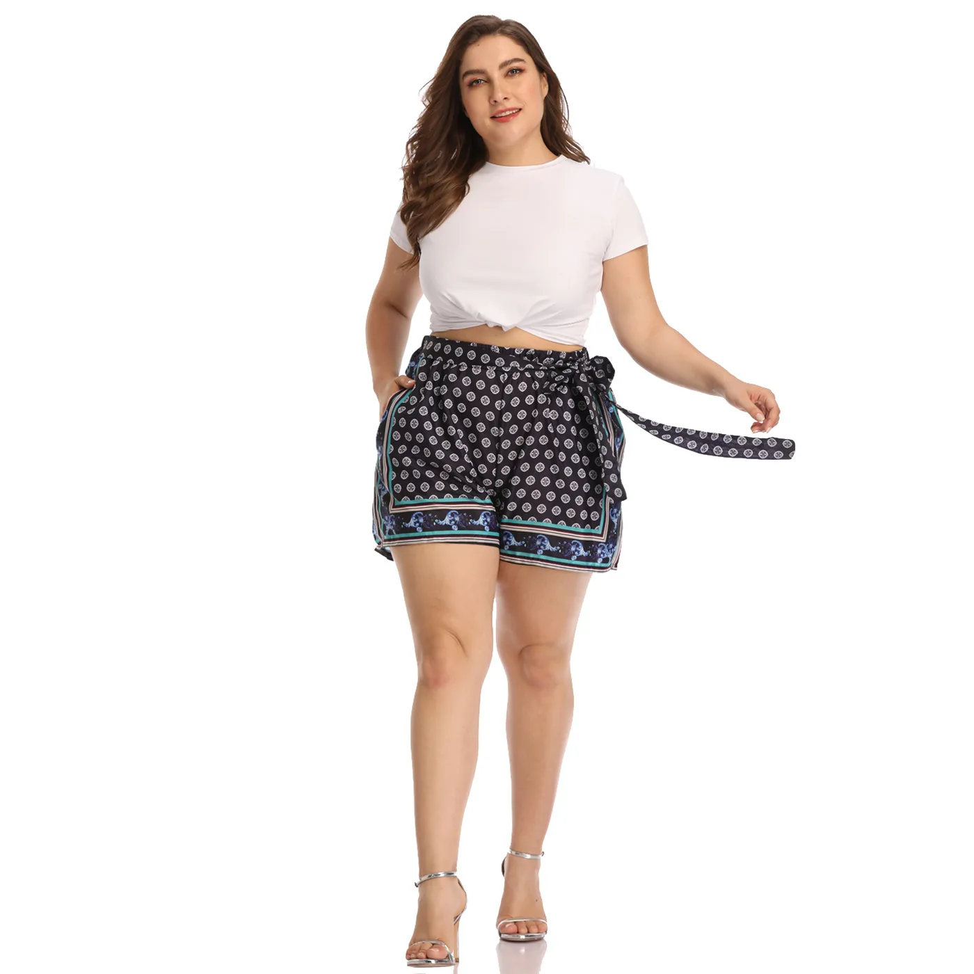 

MC 113 European And American Women's Summer Short Pants Hot New Casual Wild Thin Straps Printed Large Size Sashes Shorts Women