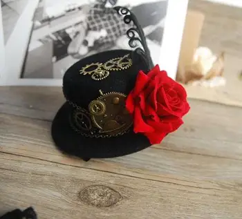 

Black Gothic Mini Top Hat Fascinator On Hairclip Womens Fancy Dress Steampunk Gears Feather Rose Hats