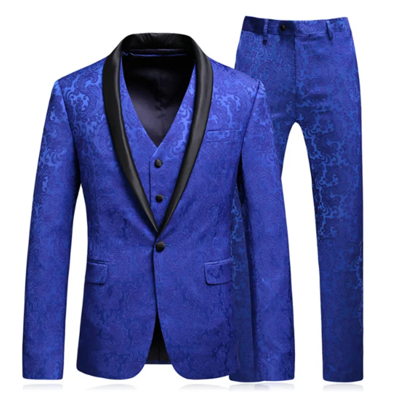 

Desirable Time Mens Royal Blue Floral Suits with Pants Shawl Collar Prom Groom Wedding Dress Suits for Men jacket+Pants+vest+tie