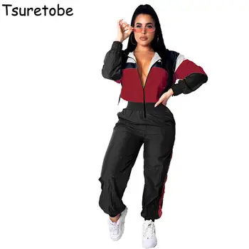 

Tsuretobe Patchwork Zipper Casual Jumpsuit Female Spring Fashion Tracksuit Women Rompers Striped Long Sleeve Hooded Jumpsuit