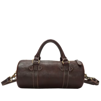 

New Men's Casual Genuine Leather Real Cowhide Oil Wax Leather Barrel-shaped Shoulder Bag Messenger Bag Handbag Tote