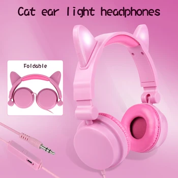 

Cat Ear Headphones Cute Foldable Dynamic Circle Wired Headset with LED Flashing Glowing Light Family and Friends Gift