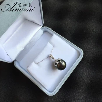 

[Ainami] Fine Pearl Jewelry big pearls 12.9mm Natural Tahitian Pearls Pendants Necklaces Real 14k Gold Pendants Free shipping