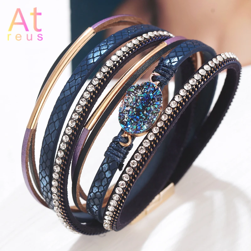 

Unique Natural Stone Druzy Wrap Bracelet Female Handmade Boho Bracelet For Women Tube Snake Skin Leather Bracelet Dropshipping