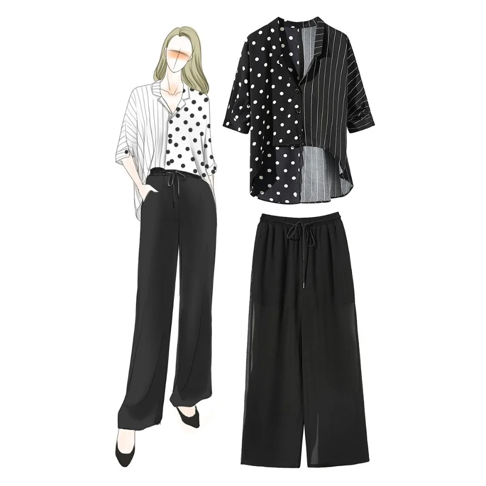 

Women's 2 pieces set polka dot Shirts wide-leg pants 2019 summer women elegant pantsuits A238