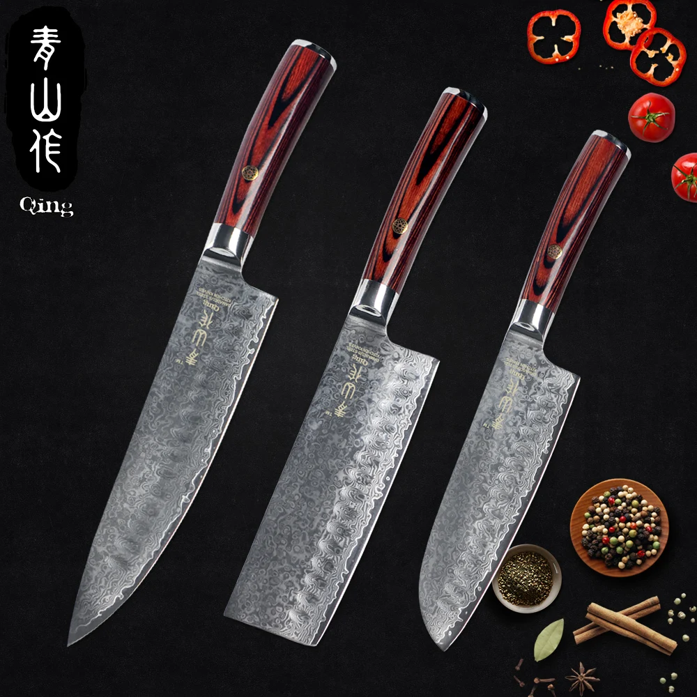 QING дамасский нож " шеф-повара 7" разделочный нож Santoku VG10 Core Дамасские кухонные ножи Набор цветных деревянных ручек кухонные инструменты