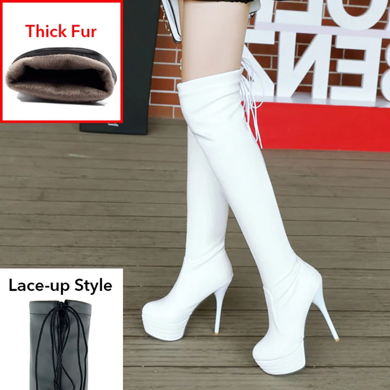 WETKISS/осенне-зимняя обувь на платформе, большие размеры 34-46 ботфорты на тонком высоком каблуке 13 см с круглым носком высокие сапоги до бедра женские - Цвет: white lace thick fur