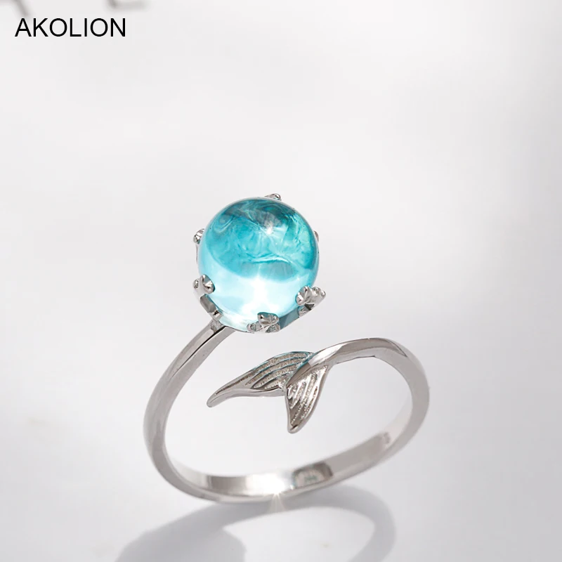 

Wholesale Silver Blue Crystal Mermaid Bubble Open Rings For Women Wedding Birthday Gift 925 Creative Fashion Jewelry