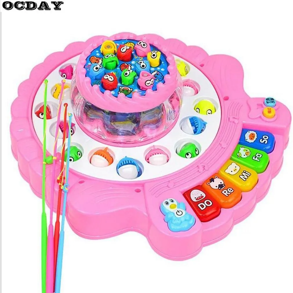 

Kids Electronic Magnetic Fishing Toy Set Musical Rotating Fishing Game Outdoor Sports Toys Double Layer Shell Shape Fishing Toy