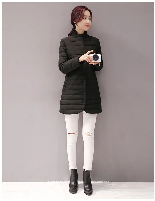 Новинка Осень-зима, модный светильник, хлопковый женский длинный тонкий хлопковый корейский однотонный пуховик с стоячим воротником, хлопковая куртка
