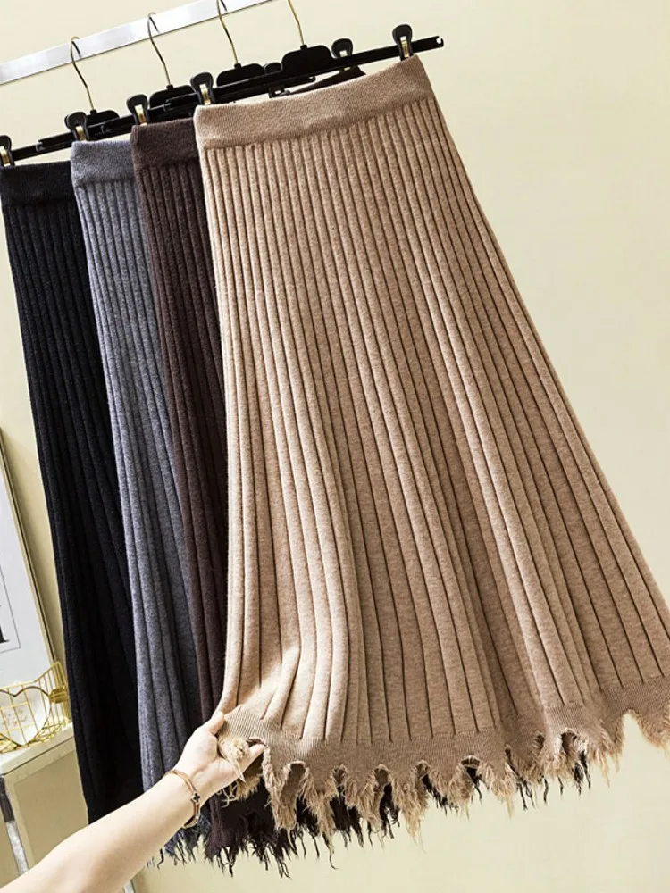

Women knitted long skirt winter warm sweater stripe A-line maxi skirts knit female bottoms casual swing skirt autumn black