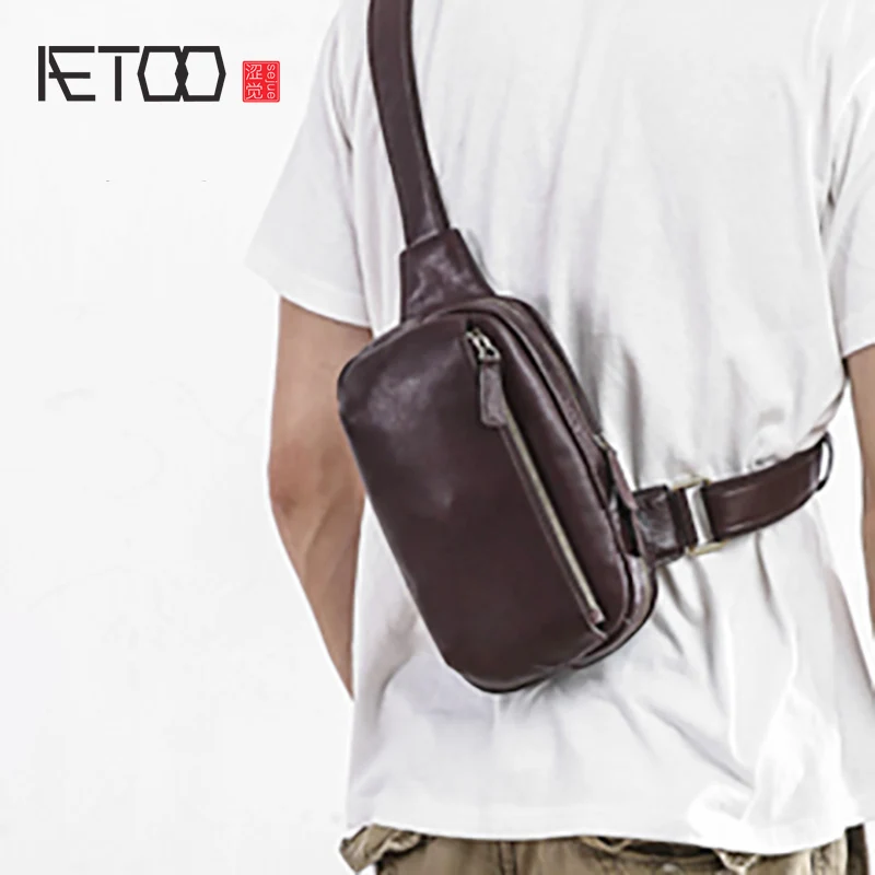 

AETOO Men's Chest bag vintage cowhide crossbody bag leather men's casual single shoulder Baotou layer cowhide chest Bag