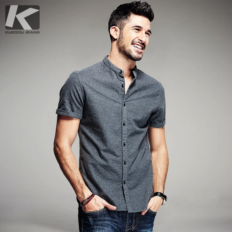 KUEGOU Summer Mens Casual Shirts 100% Cotton Gray Color