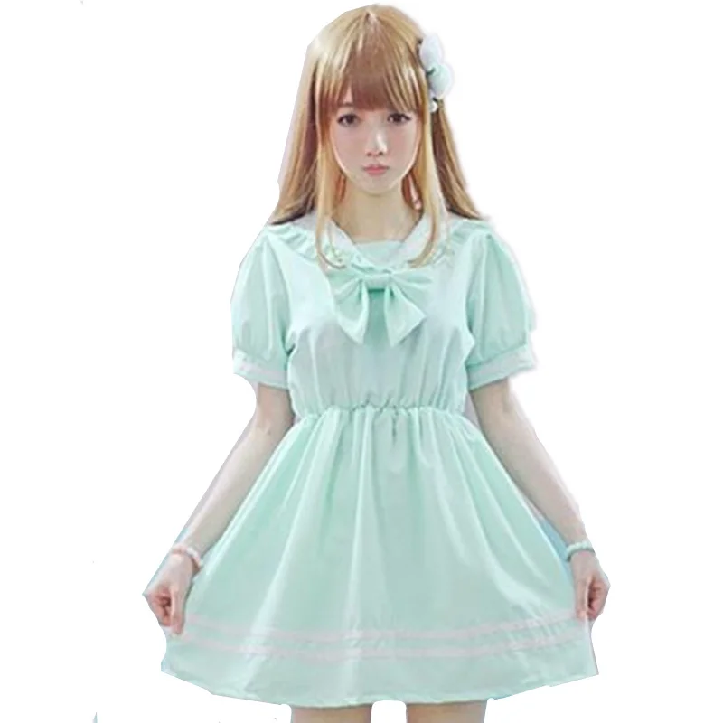 2015 New Kawaii Girl Sailor Collar Dress Cute Bow Navy Short Sleeve