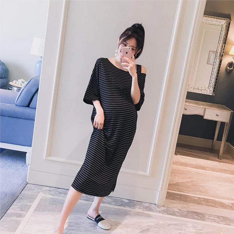 

8622# Shoulder Off Strip Cotton Maternity Long Dress Summer Korean Fashion Clothes for Pregnant Women Sexy Loose Black Pregnancy
