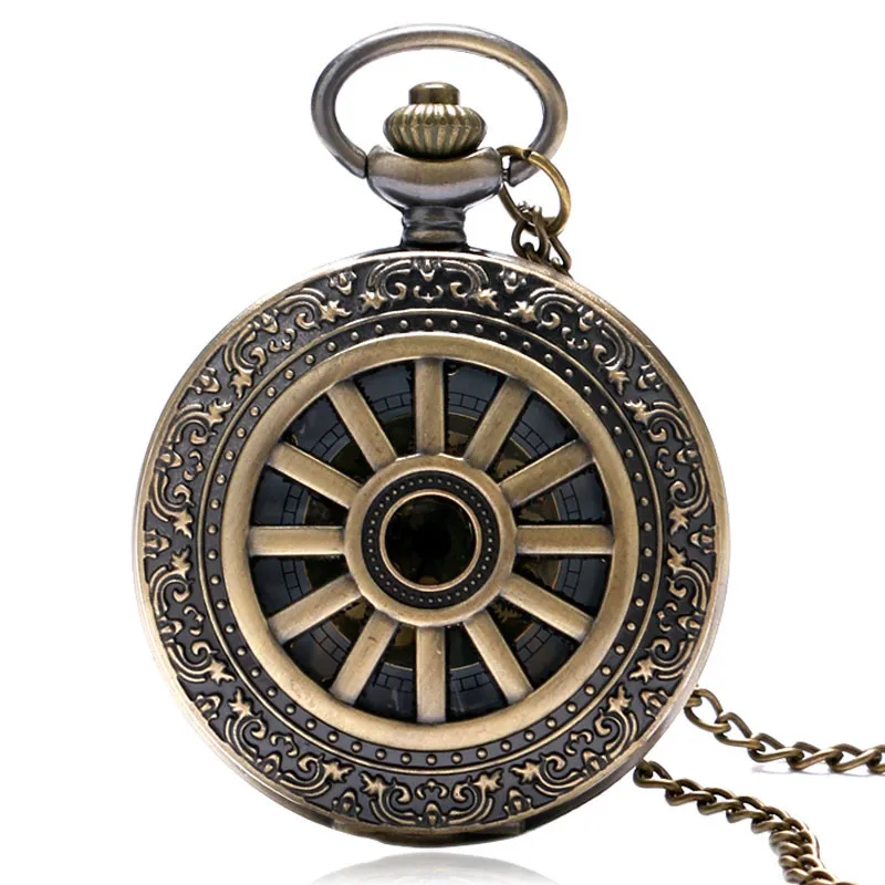 Antique Pocket Watch Hollow Bronze Carriage Wheel Cover Pendant Chain Retro Fob Watches Special Gifts for Boxing Day Birthdays (1)