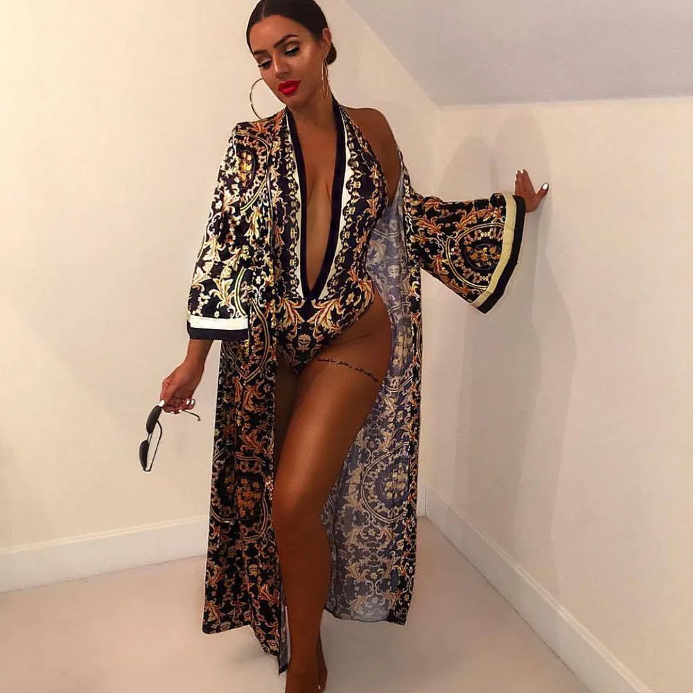 

Women Sexy 2 Pieces Sets V-Neck Print Jumpsuit And Beach Wear Long Maxi Coat