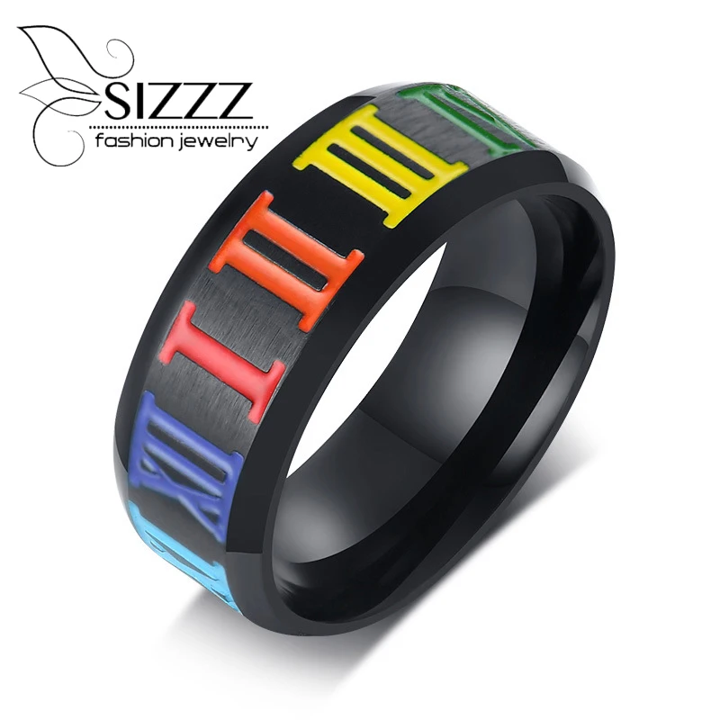 

SIZZZ 8mm Black Ring for Men with Rainbow Roman Numeral Numbers Stainless Steel Wedding Band LGBT Gay Alliance