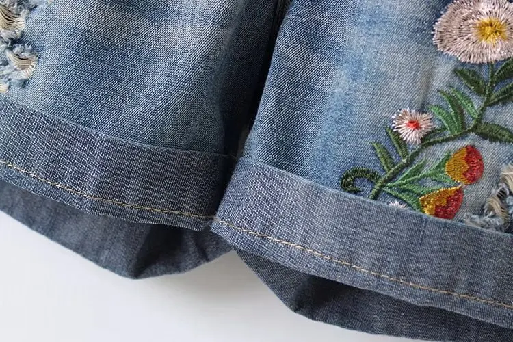 Японский сен Женская линия новые летние эластичный пояс сладкие цветы вышитые джинсовые шорты женские шорты
