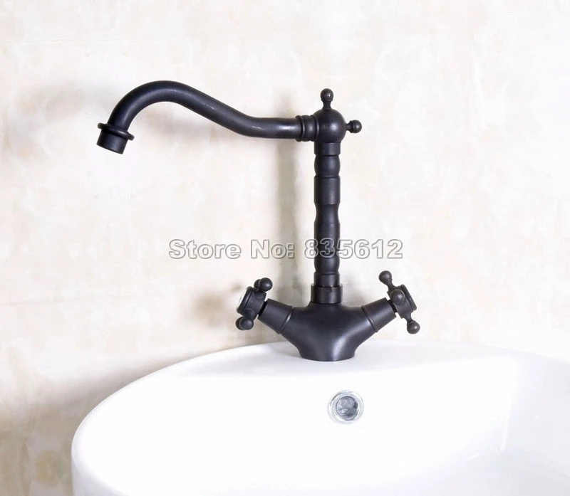 

Black Oil Rubbed Brass Bathroom Basin Faucet Dual Handles / Swivel Spout Kitchen Sink Mixer Taps Deck Mounted Single Hole Wnf142