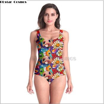 

flower and Cow art by Vrolijk Schilderij Sleeveless SwimSuit Sexy 3D Beach Style Suit Girl Swimsuit One Piece Swimwear women