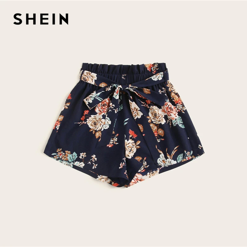 SHEIN шорты с цветочным принтом и поясом,, темно-синие, Boho, высокая талия, эластичная талия, женские свободные летние шорты