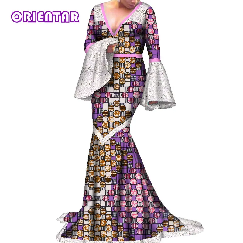 

Women African Dresses Long Lace Flare Sleeve Deep V-neck Wedding Party Evening Dress Elegant Lady African Bazin Ball Gown WY3583