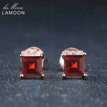 

LAMOON Simple Style 4mm 100% Square Natural Red Garnet 925 sterling-silver-jewelry Stud Earring S925 LMEI047