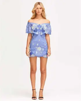 

Summer 2019 Mini Dress Sexy Celebrity Backless Floral Slash Neck Women Night Club Bandage Body con Party Dresses Wholesale