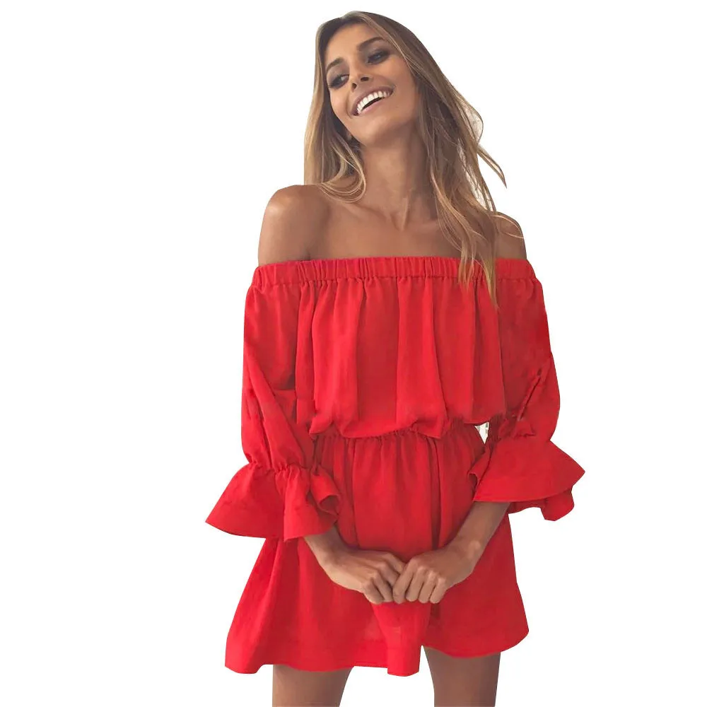 

JAYCOSIN Women's Clothing Slash Neck Flare Sleeve Loose Dress Ladies Fashion Casual Solid Color Off Shoulder Summer Mini Dress