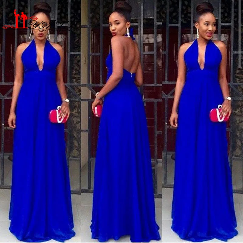 Royal Blue Nigeria Evening Dresses 2016 Deep V neck Halter African Prom