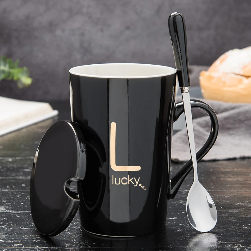

12 Kinds Lucky Ceramic Coffee Mug 420ML Ceramic Milk Tea Water Drinking Cup With Lid Spoon Porcelain Tumbler Best Gift For Lover